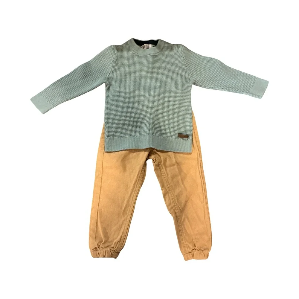 HM Kids 2T Waffle Knit Sweater‎ and Jogger Pants Set Sage Green Mustard Yellow